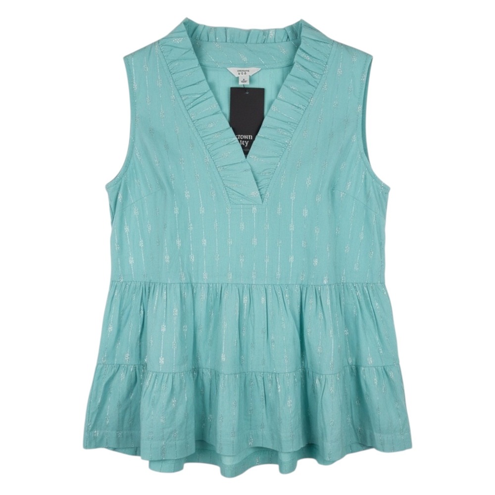 Crown & Ivy Ruffle Neck Tank Women Small Aqua Metallic Stripe Tiered Top NWT